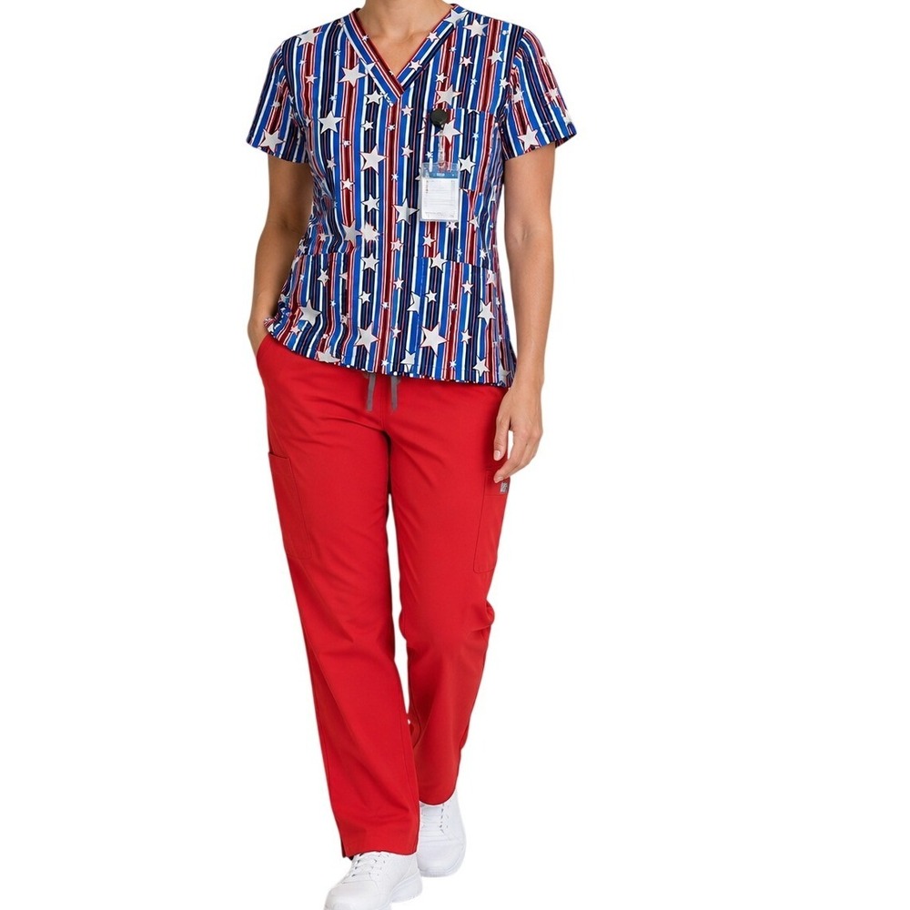 Cassandra O Scrub Top Women Size M Blue Red‎ White Stars Stripes V-Neck Pockets